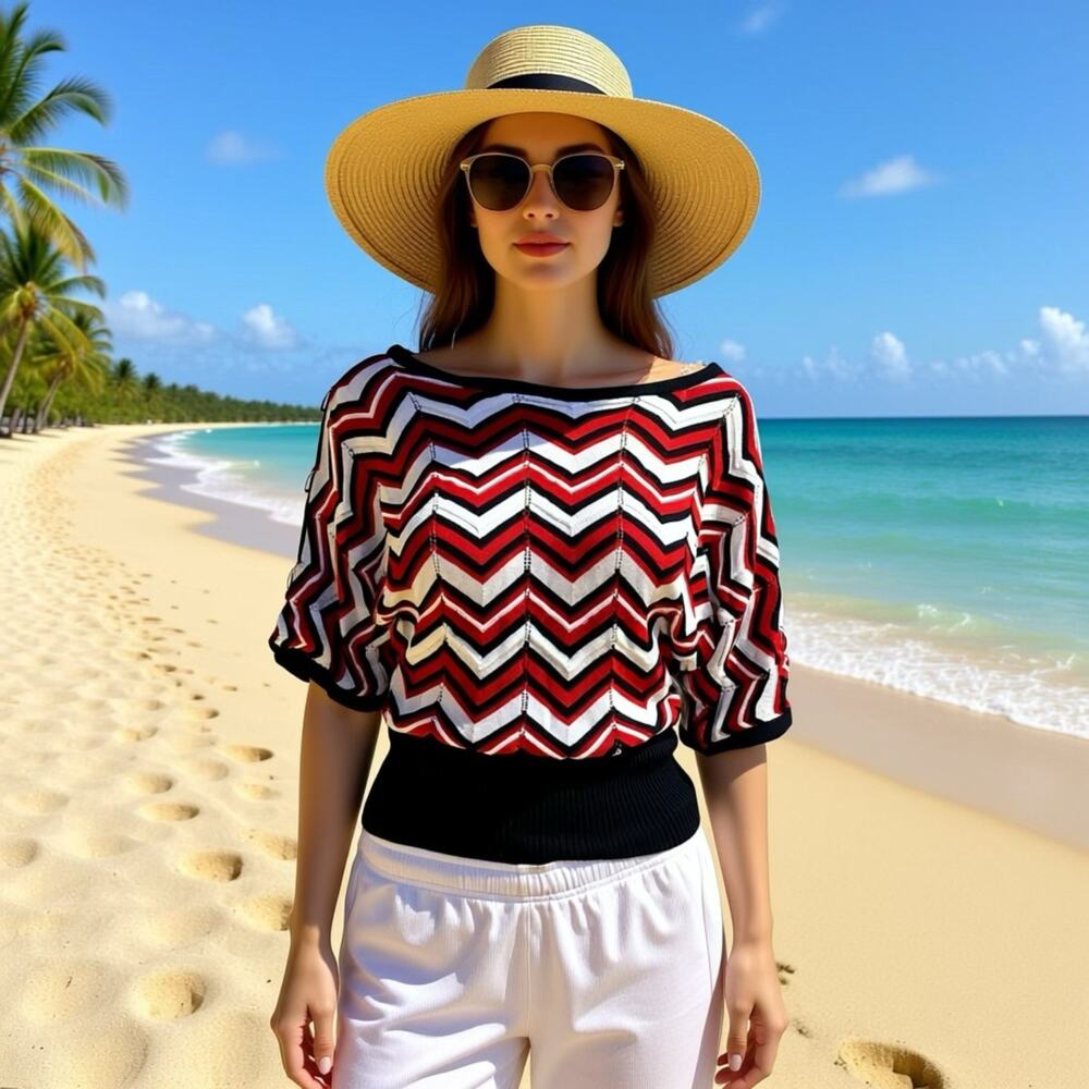 Y2K Allegra Chevron Knit Multicolor Metallic Pullover Blouse Short Sleeve Sz S